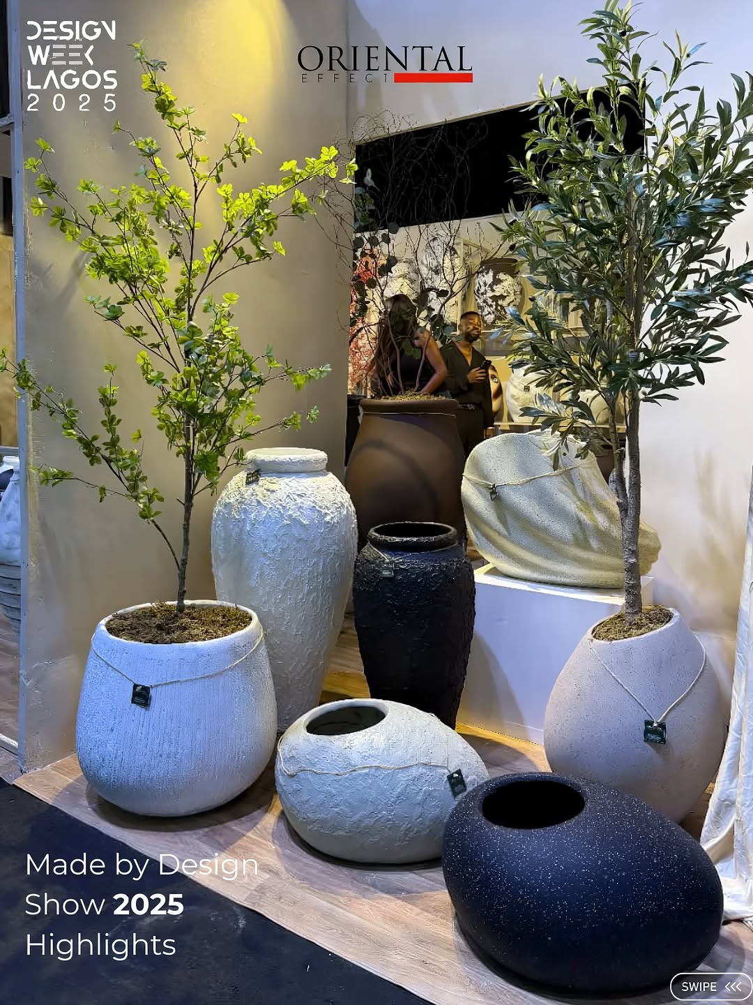 Oriental Effect booth at Design Week Lagos 2025 featuring planters, artificial trees, and décor accents)