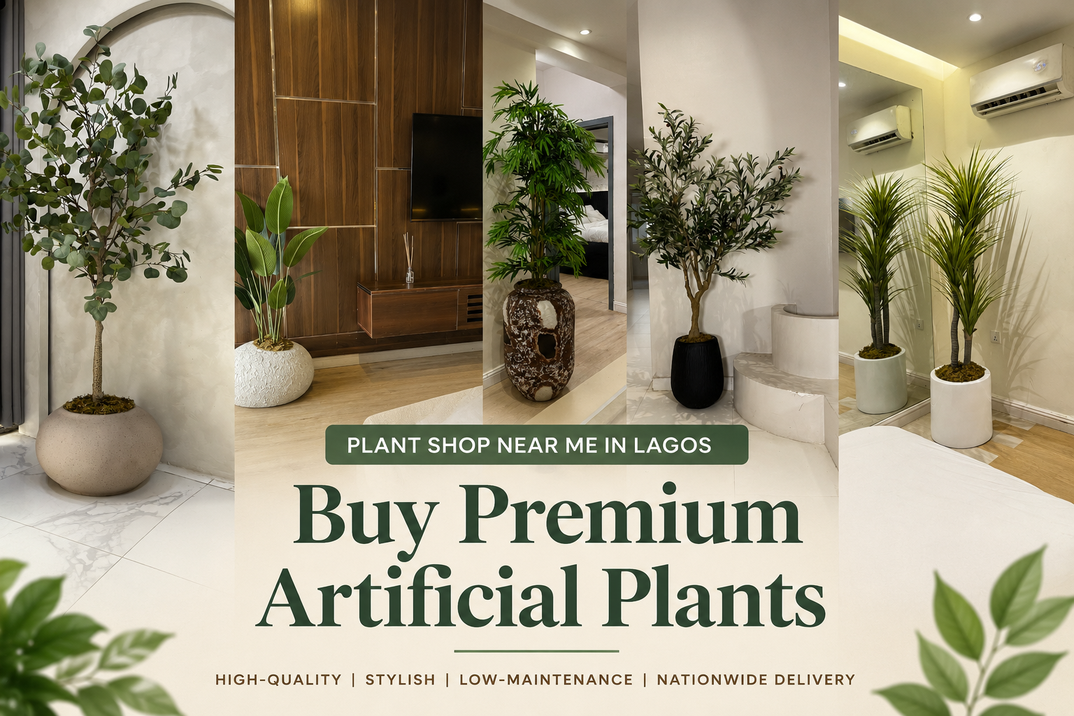 Plant Shop Near Me in Lagos featured image showing premium artificial plants styled in modern decorative pots, including eucalyptus, traveller palm, bamboo, olive tree, and yucca, displayed in luxury home interiors by Oriental Effect.
