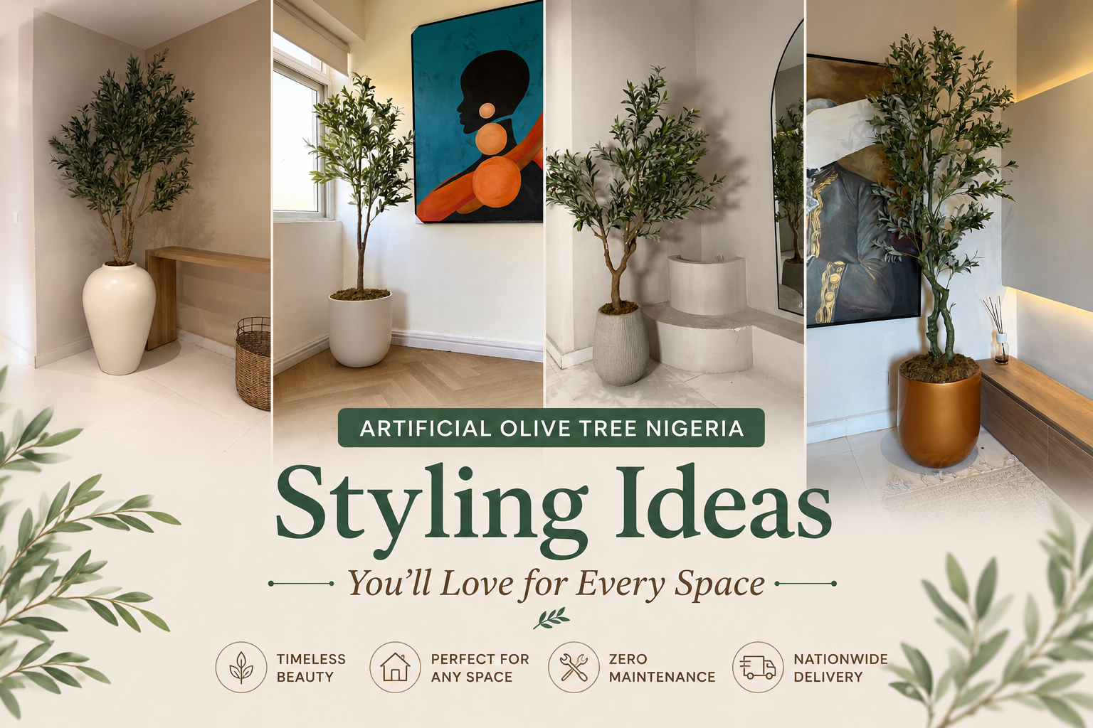 Artificial olive trees in premium decorative pots styled in modern Nigerian homes, showcasing elegant interior design ideas for living rooms, hallways, and office spaces.