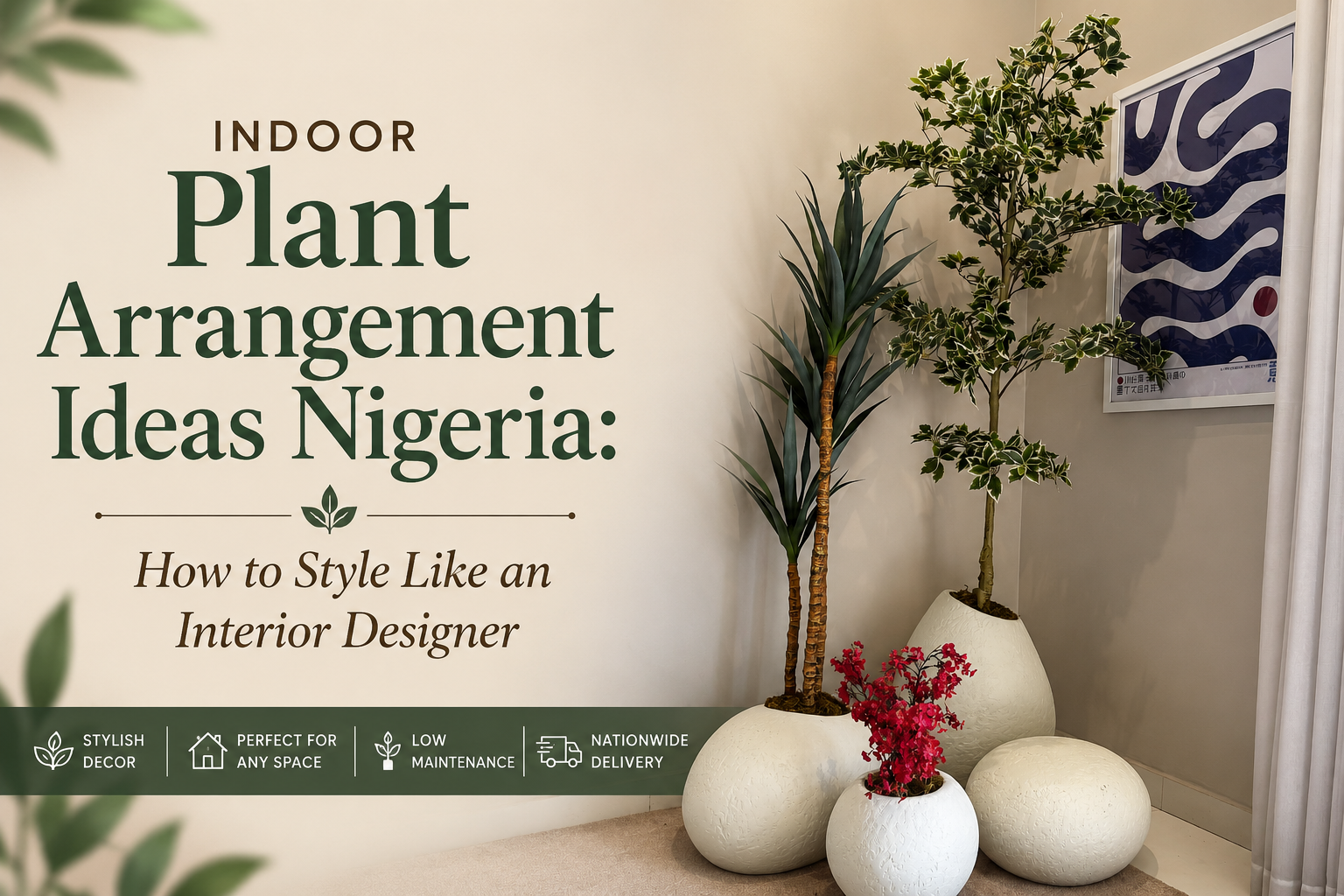 Indoor plant arrangement ideas in Nigeria featuring premium artificial plants and textured white decorative pots styled in a modern living room.