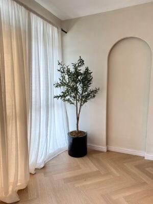 Glossy Black Low Cylinder Pot with Artificial Olive Tree