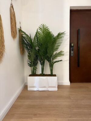 Glossy White Medium Prism Trough with Triple Artificial Riverside Palm Tree