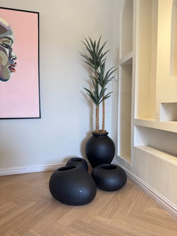 Matte Black Ampora Pot Paired with Granite Small and Flat Orbis Pots, Styled with Artificial Slim Yucca Tree Matte Black Ampora Pot Paired with Granite Small and Flat Orbis Pots, Styled with Artificial Slim Yucca Tree, view 2