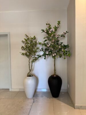 Matte Black and Neutral Small Odel Pot Styled with Artificial Pink Exotica and Osman Tree Matte Black and Neutral Small Odel Pot Styled with Artificial Pink Exotica and Osman Tree