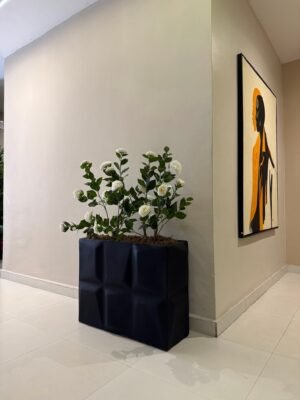 Matte Black Big Prism Pot with Double Artificial Camelia Trees