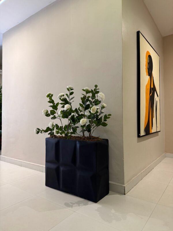 Matte Black Big Prism Pot with Double Artificial Camelia Trees Matte Black Big Prism Pot with Double Artificial Camelia Trees