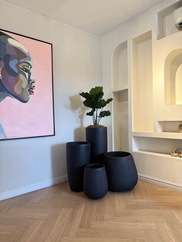 Matte Black Fibrecast Cluster Pots with Artificial Fan Palm Matte Black Fibrecast Cluster Pots with Artificial Fan Palm