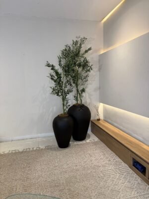 Matte Black Odel Antique Pots Styled with 180cm and 150cm Artificial Twisted Olive Tree Matte Black Odel Antique Pots Styled with 180cm and 150cm Artificial Twisted Olive Tree