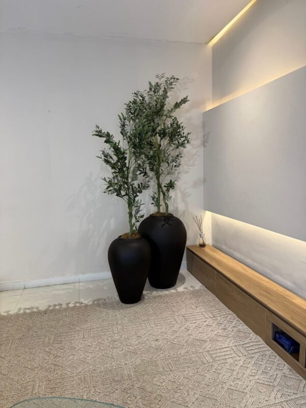 Matte Black Odel Antique Pots Styled with 180cm and 150cm Artificial Twisted Olive Tree