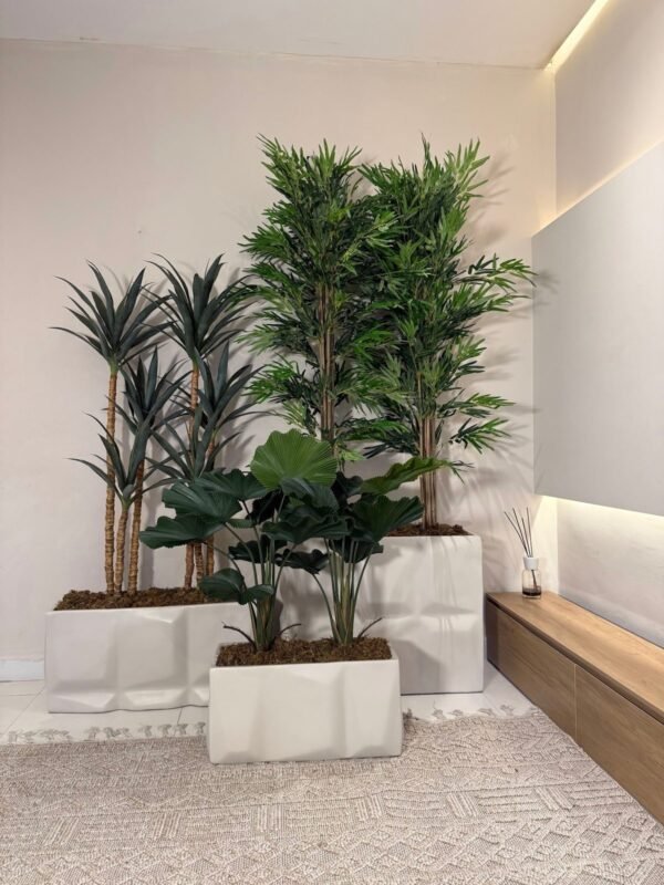 Neutral Prism Pot Cluster Styled with Artificial Slim Yucca, Fan Palm and Bamboo Trees
