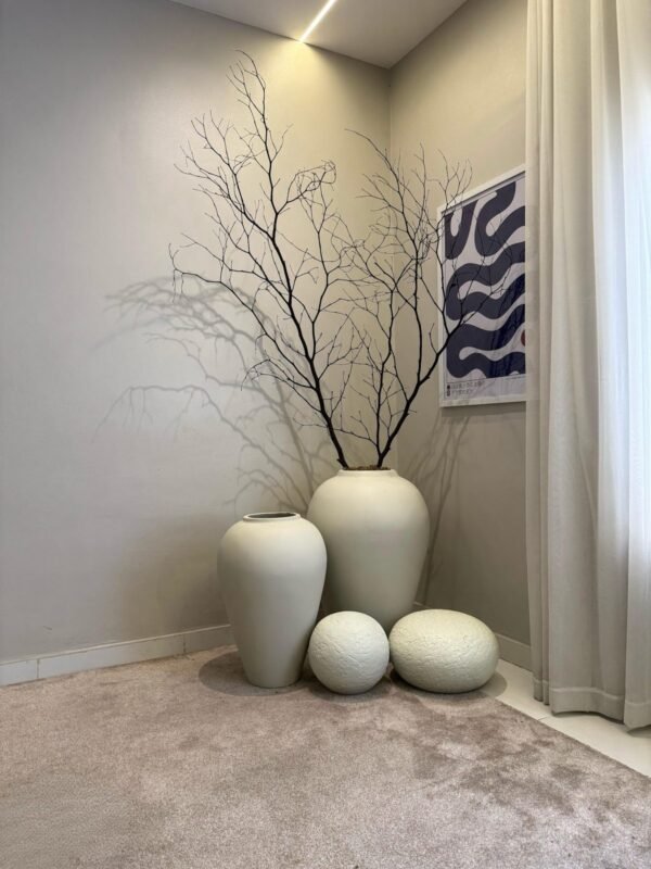 Off-White Odel Pot Cluster Styled with Natural Twigs and Pale Textured Décor Balls