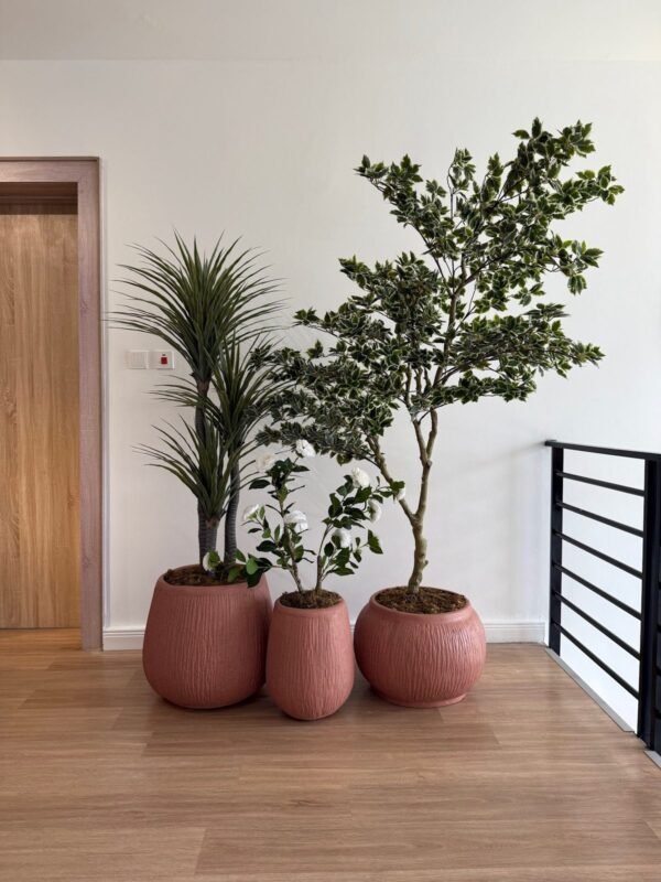 Pink Granite Rough Merlot Pots Styled with Artificial Plants Pink Granite Rough Merlot Pots Styled with Artificial Plants