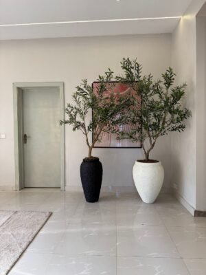 Textured Black Small Nyx and Off-White Lake Antique Pot Styled with Artificial Wide Olive Trees