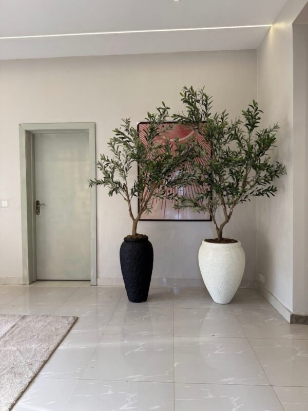 Textured Black Small Nyx and Off-White Lake Antique Pot Styled with Artificial Wide Olive Trees Textured Black Small Nyx and Off-White Lake Antique Pot Styled with Artificial Wide Olive Trees