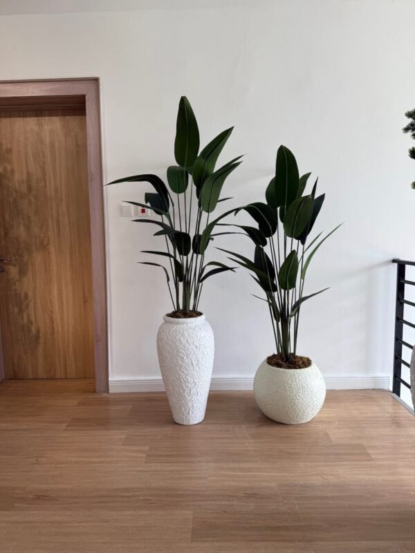 Textured White Small Nyx and Pale Orbis Pots Styled with Artificial Traveller Palm Textured White Small Nyx and Pale Orbis Pots Styled with Artificial Traveller Palm