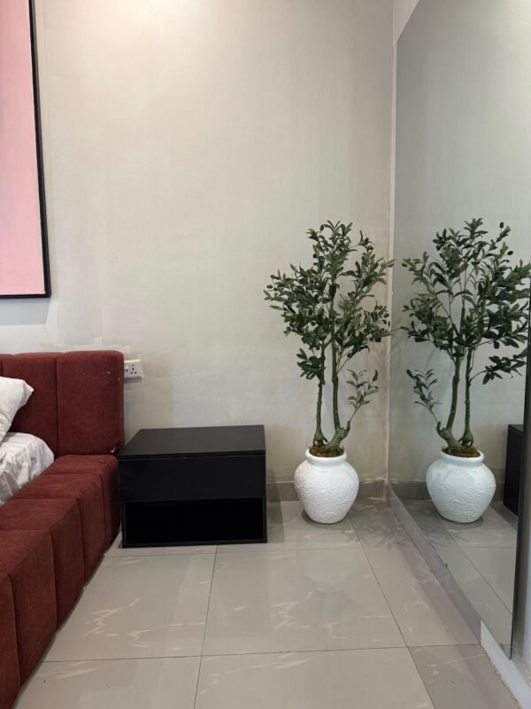White Sandblast Medina Vase with 120cm Artificial Twisted Olive Tree
